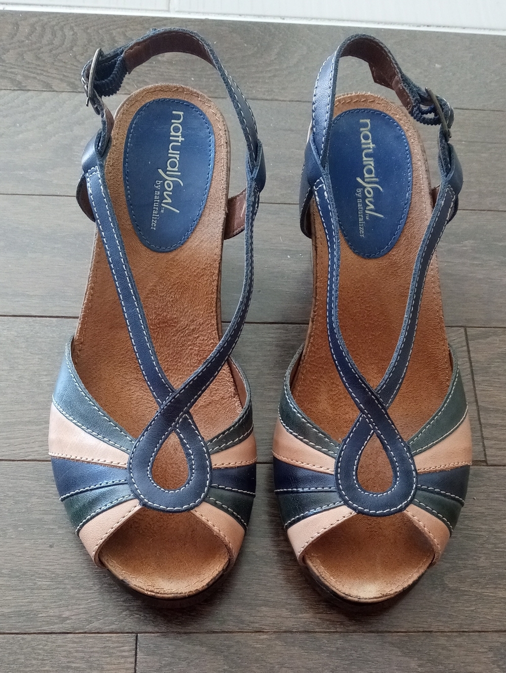 Naturalizer Navy, Tan & Dark Green Strappy Peep-Toe Wedge Sandals (Leather)